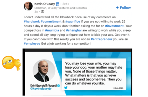 Thumbs down emoji next to Kevin O'Leary aka "Mr. Wonderful" social media posts promoting hustle culture
