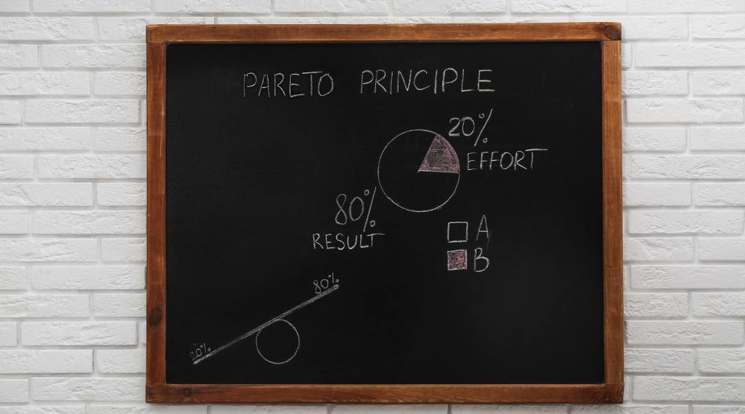 chalk board with pareto principle sketch showing 80-20 rule for time management